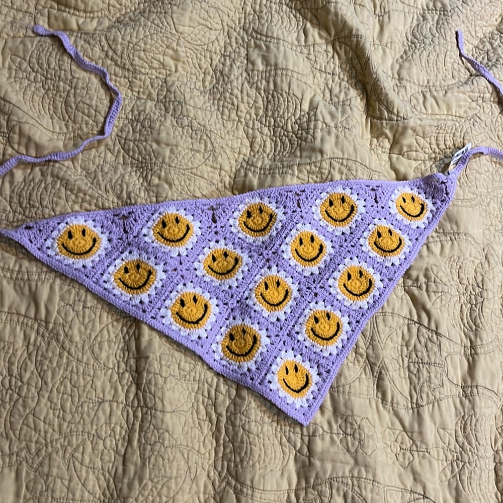 Smiley crochet head cover scarf light purple and yellow